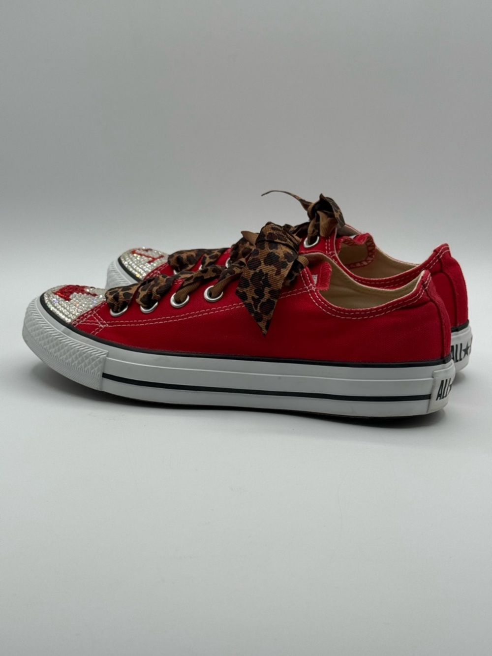 Custom Red Converse Sneakers w/ Leopard Laces & Rhinestone Low Top Chuck Taylors - Picture 10 of 16